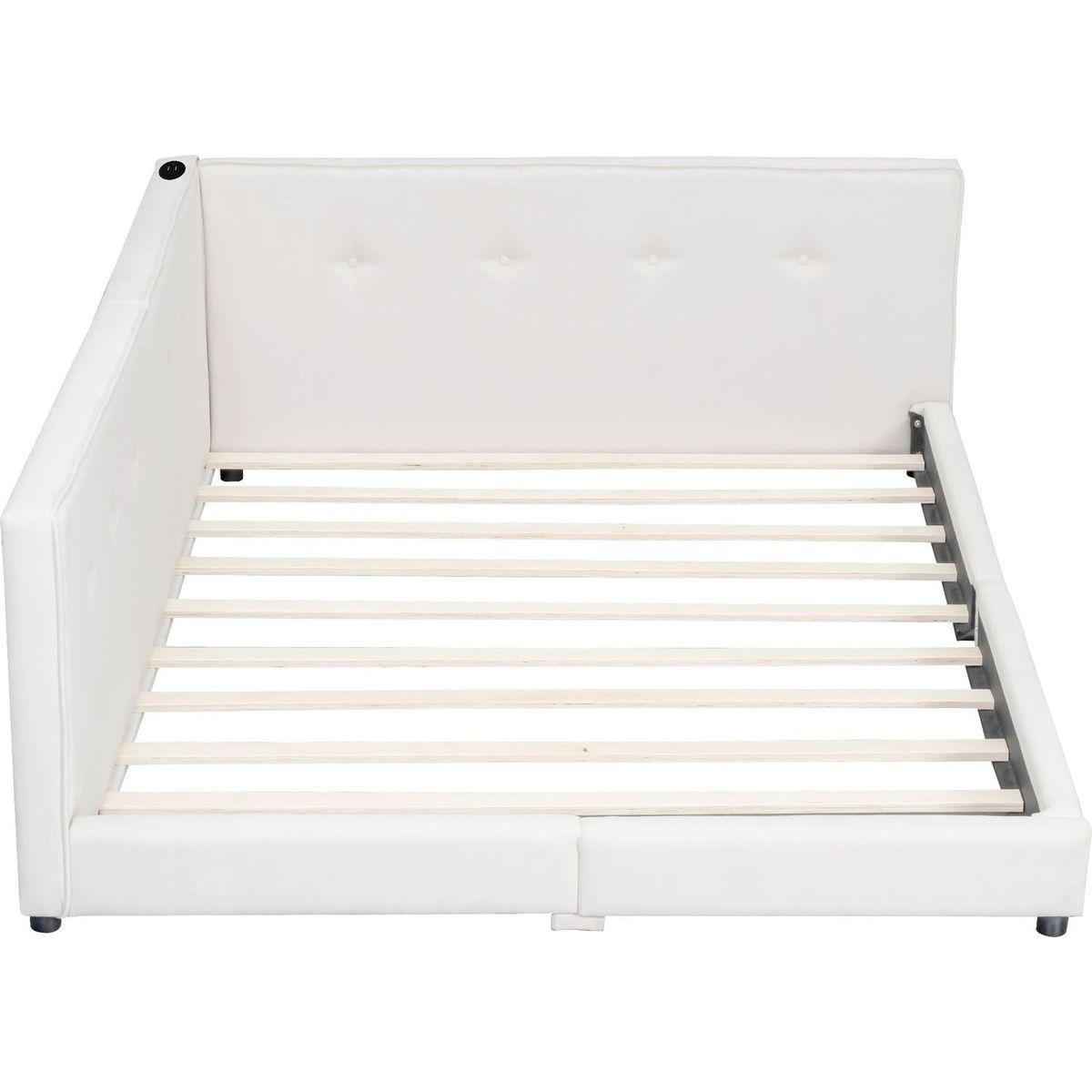 Upholstered Queen Size platform bed with USB Ports, Beige