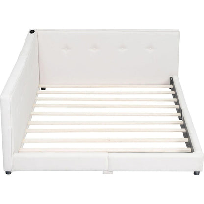 Upholstered Queen Size platform bed with USB Ports, Beige