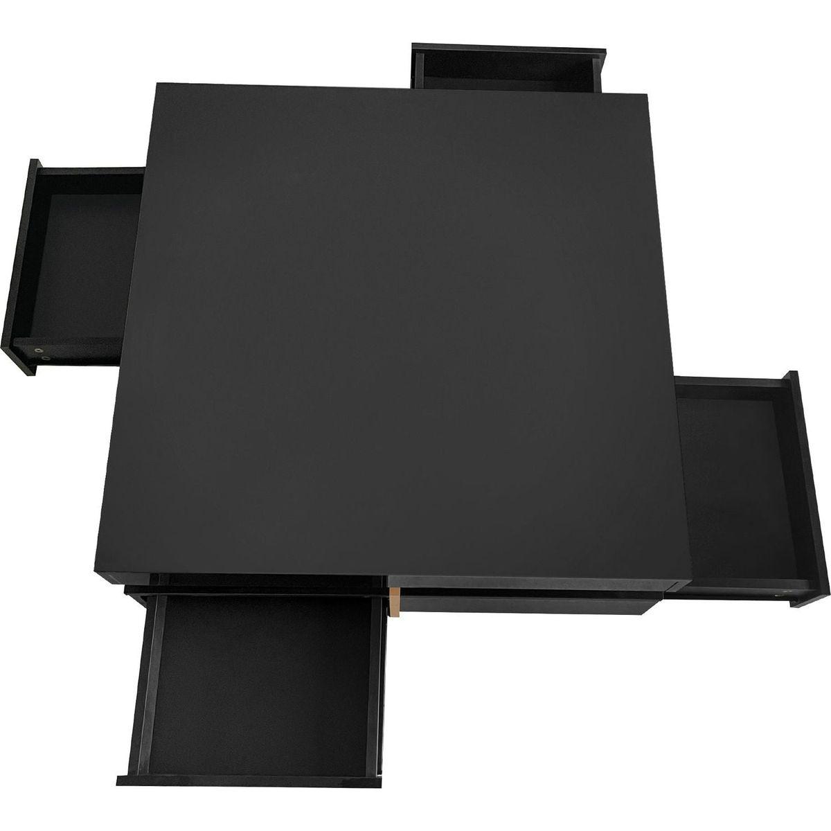 Modern High Gloss Coffee Table with 4 Drawers, Multi-Storage Square Cocktail Tea Table with Wood Grain Legs, Center Table for Living Room, 31.5"x31.5", Black