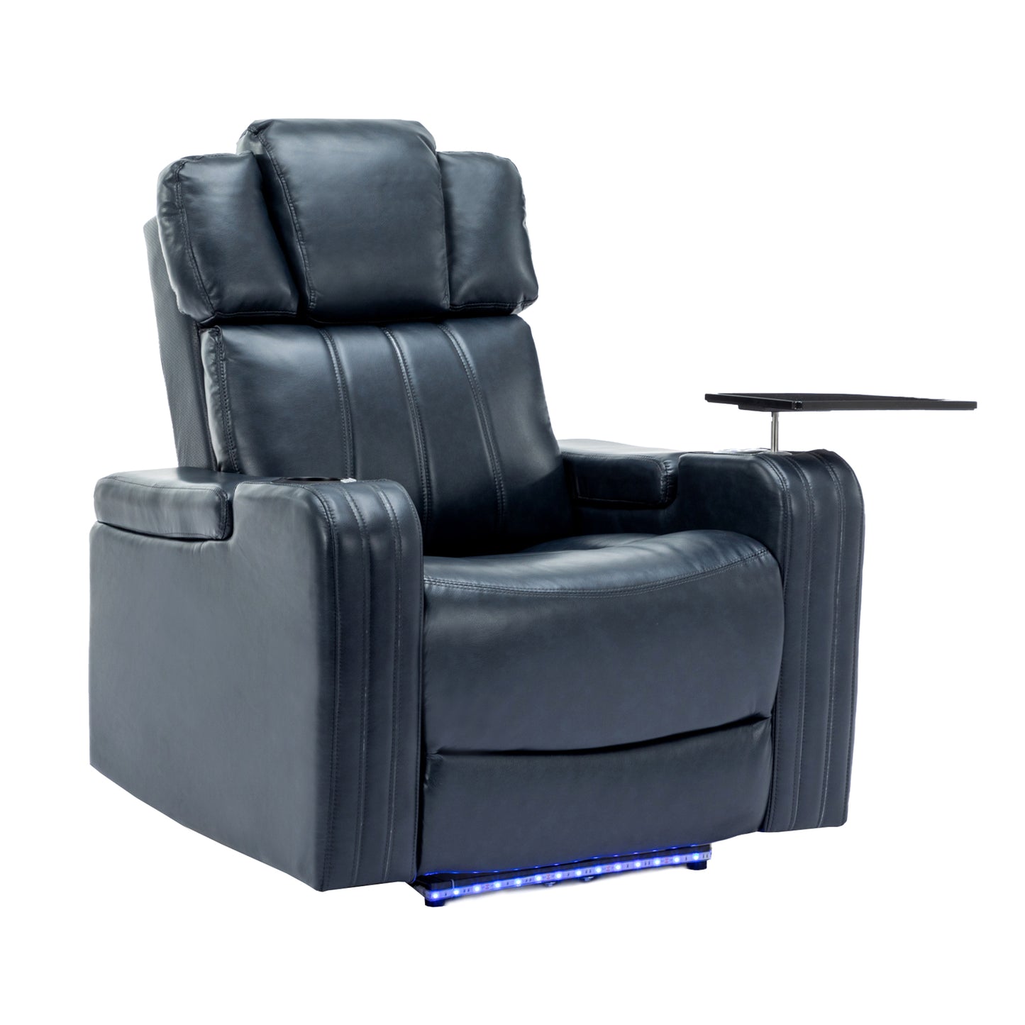 PU Leather Power Recliner Individual Seat Home Theater Recliner with Cooling Cup Holder, Bluetooth Speaker, LED Lights, USB Ports, Tray Table, Arm Storage for Living Room, Blue