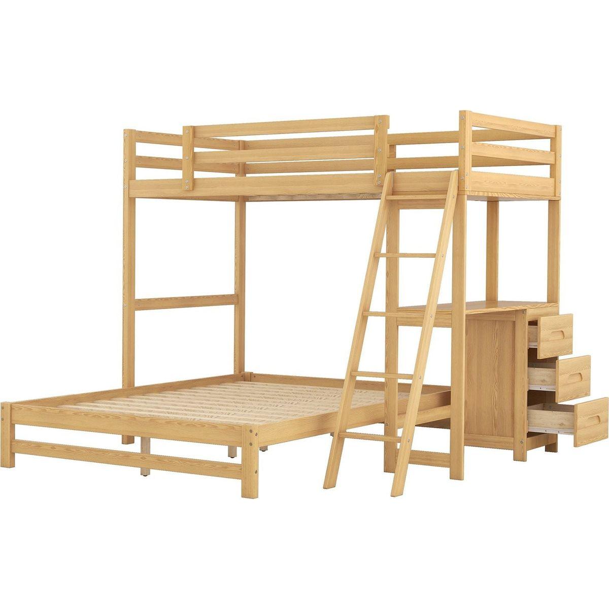 Twin over Full Bunk Bed with Built-in Desk and Three Drawers,Natural