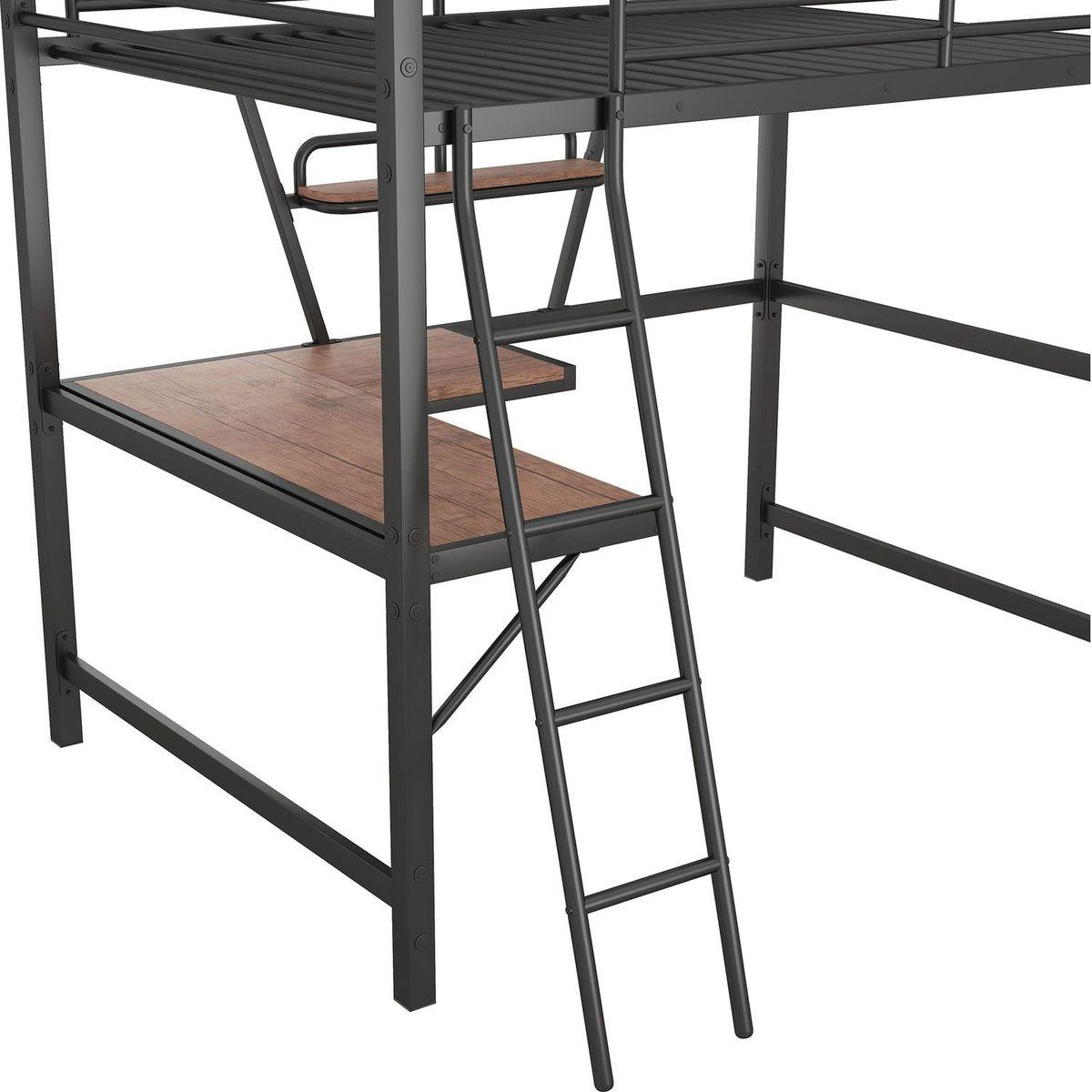 Full Size Loft Metal&MDF Bed with Desk and Shelf, Black