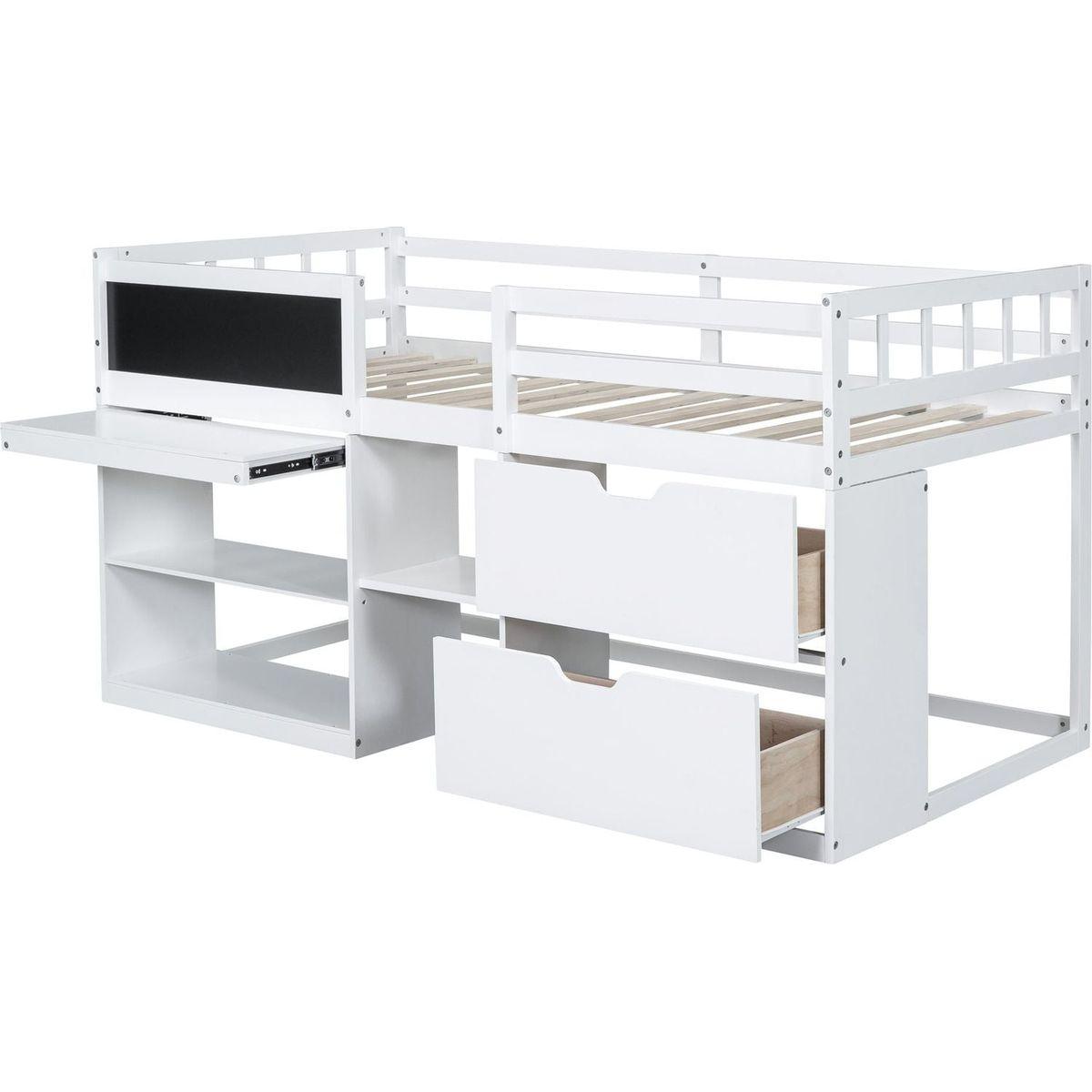 Twin Size Low Loft Bed with Rolling Desk, Shelf and Drawers - White