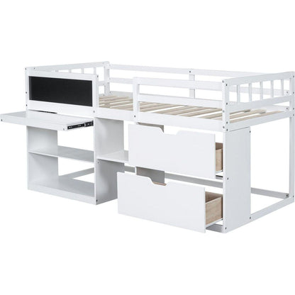 Twin Size Low Loft Bed with Rolling Desk, Shelf and Drawers - White