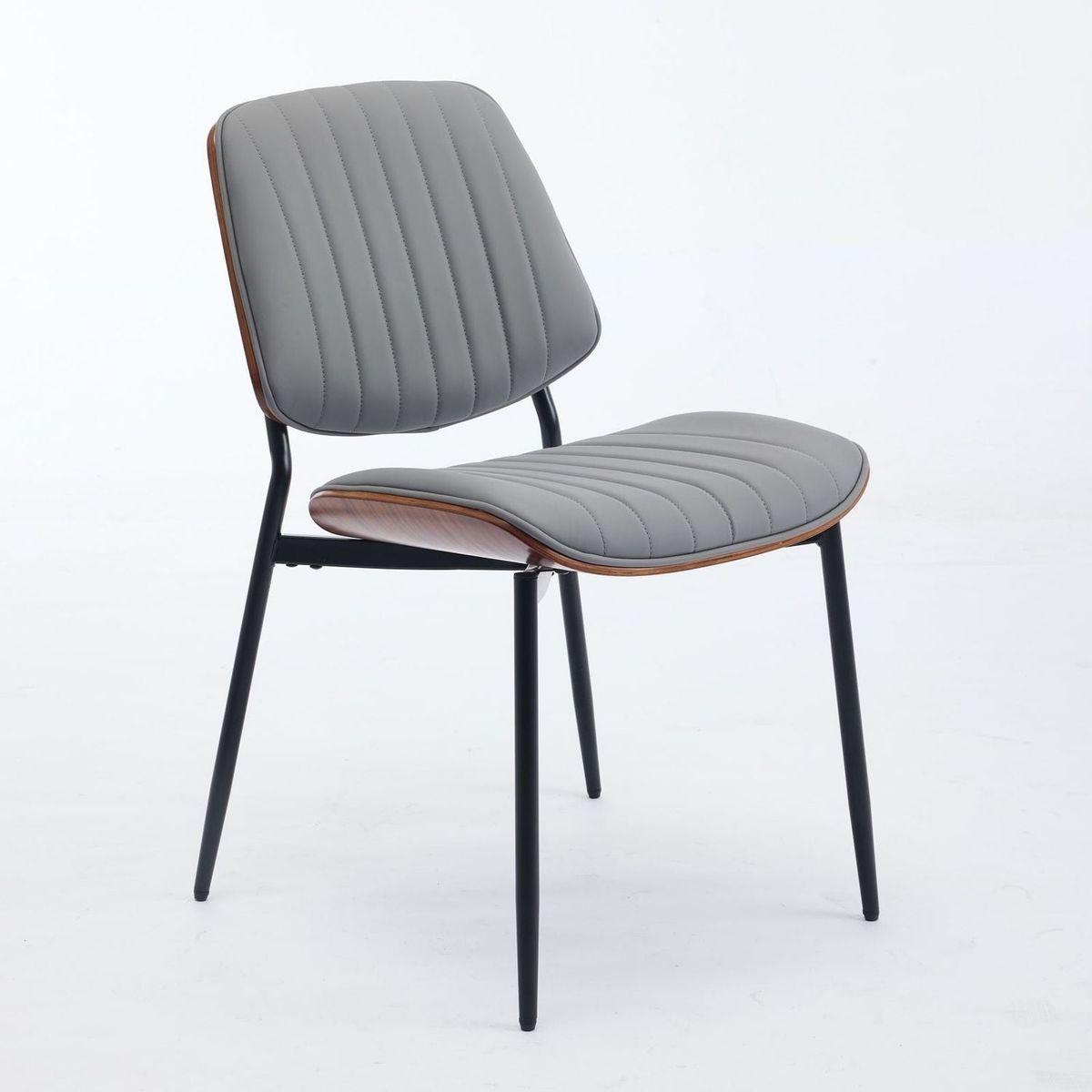 Dining Chairs Set of 2 Mid Century Modern Retro Faux Leather Chair with Walnut Bentwood Back Upholstered Seat Metal Legs Adjustable Foot for Kitchen Dining Room Chairs(Gray PU)
