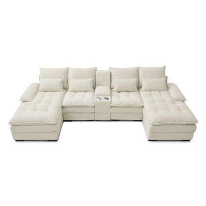 U-shaped Beige Upholstered Sofa with Console and Cupholders for Living Room