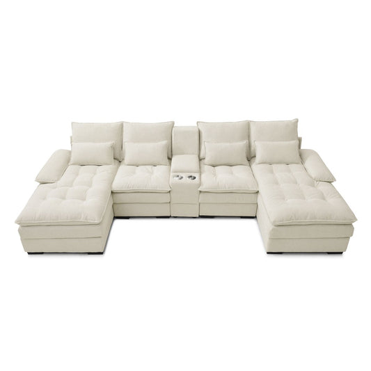 U-shaped Beige Upholstered Sofa with Console and Cupholders for Living Room
