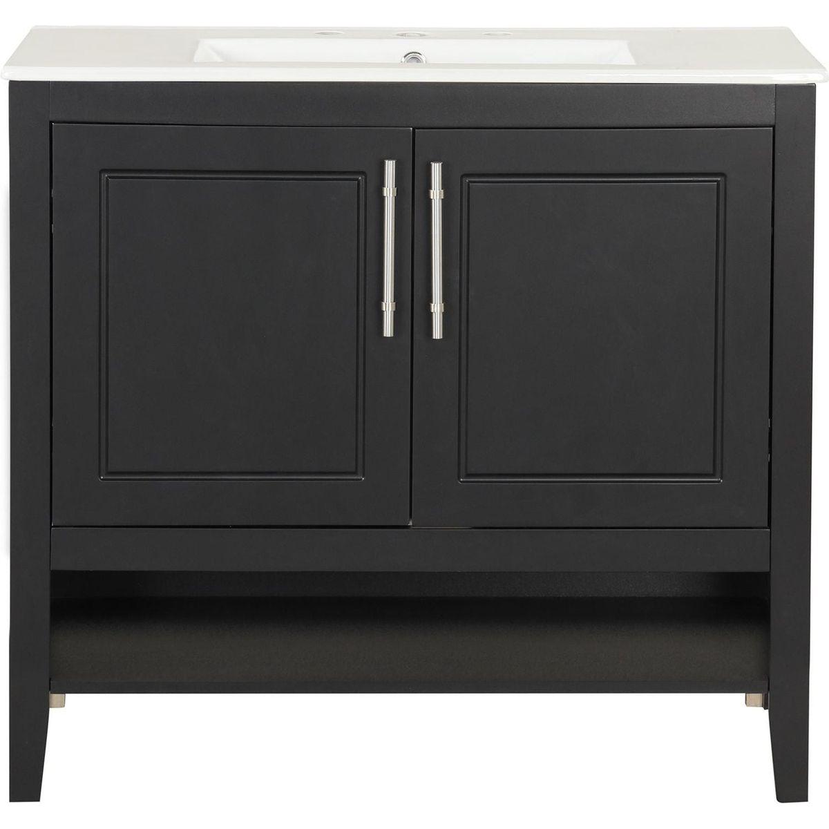 36" Bathroom Vanity with Sink, Multi-functional Bathroom Cabinet with Doors and Drawers, MDF Frame and MDF Board, Black