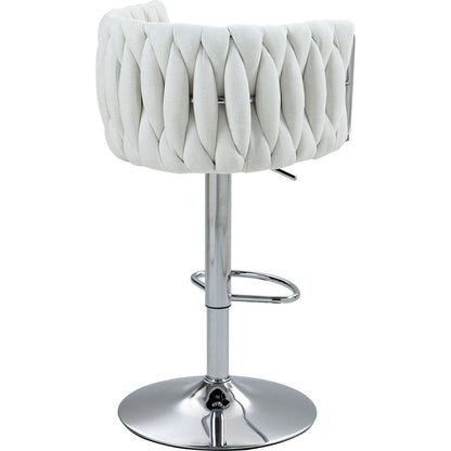 360 Fabric cover Swivel Bar Stools Set of 2, Adjustable Counter Height Bar Chairs with Woven Back & Footrest,Silver chromed Bar Stools for Kitchen Island, Cafe, Pub (Beige)