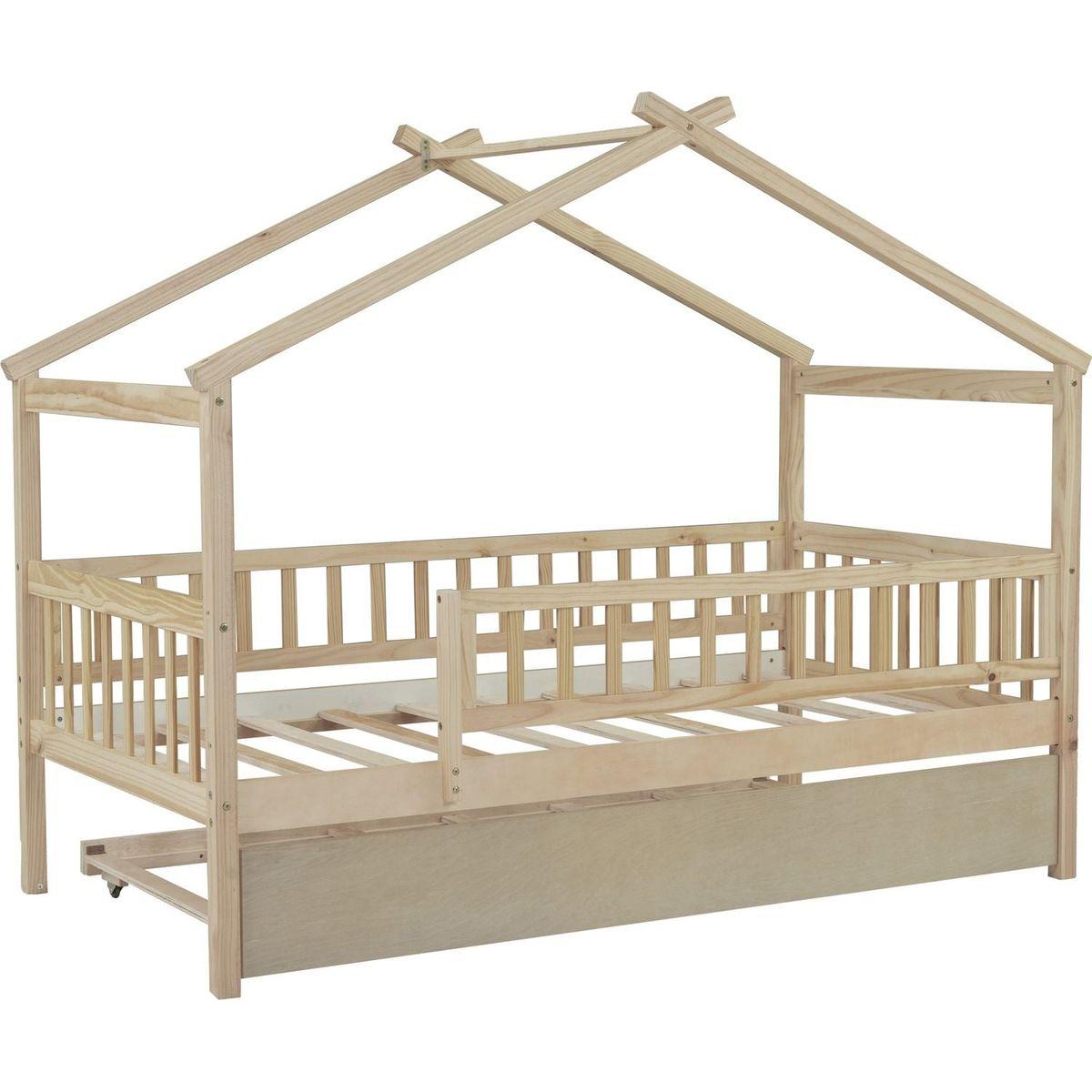 Twin Size Wooden House Bed with Twin Size Trundle, Natural