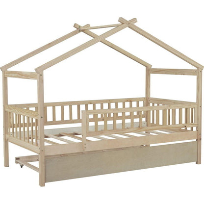 Twin Size Wooden House Bed with Twin Size Trundle, Natural
