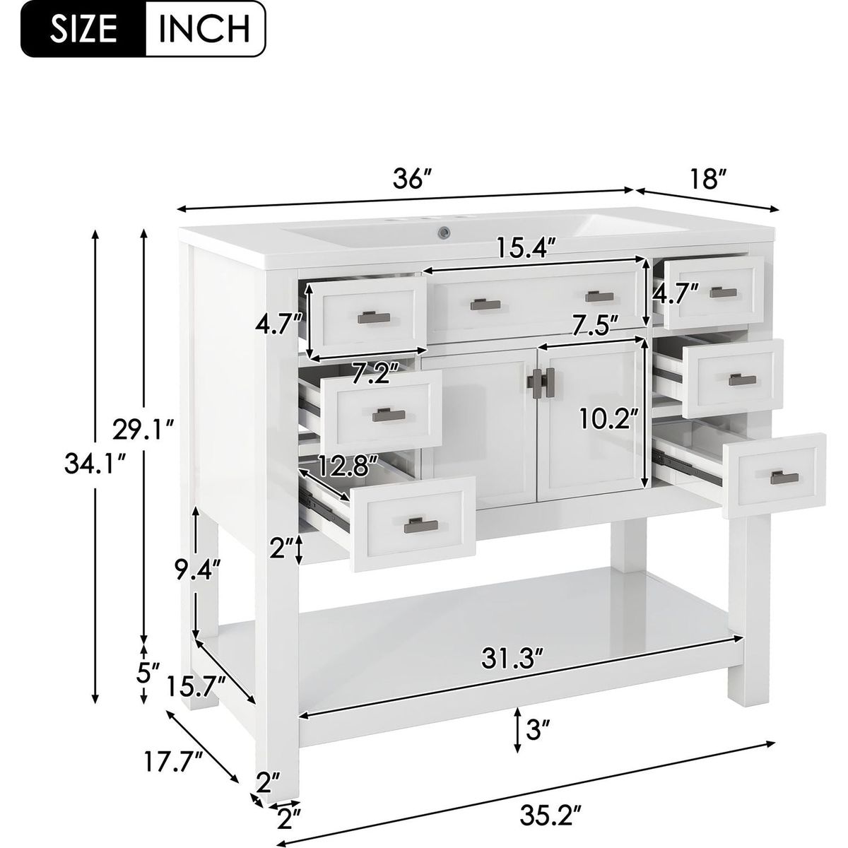 36" Bathroom Vanity with Top Sink, Modern Bathroom Storage Cabinet with 2 Soft Closing Doors and 6 Drawers, Single Sink Bathroom Vanity