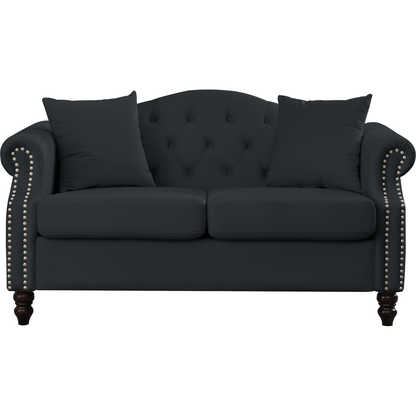 57" Chesterfield Sofa Black Velvet for Living Room, 2 Seater Sofa Tufted Couch with Rolled Arms and Nailhead for Living Room, Bedroom, Office, Apartment, two pillows