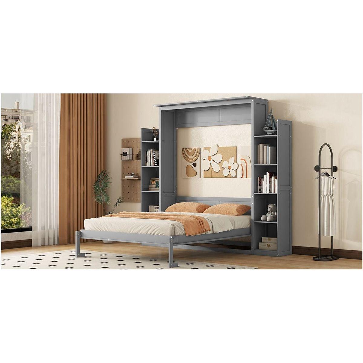 Queen Size Murphy Bed Wall Bed with Shelves and LED Lights,Gray