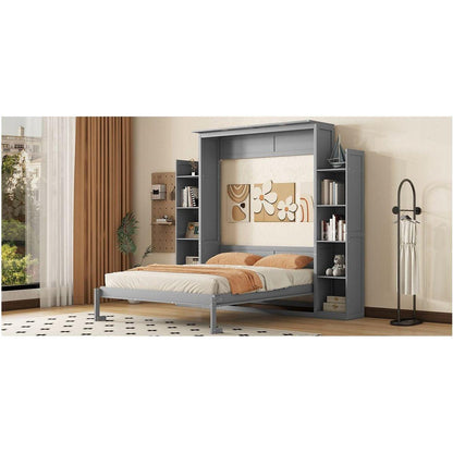 Queen Size Murphy Bed Wall Bed with Shelves and LED Lights,Gray