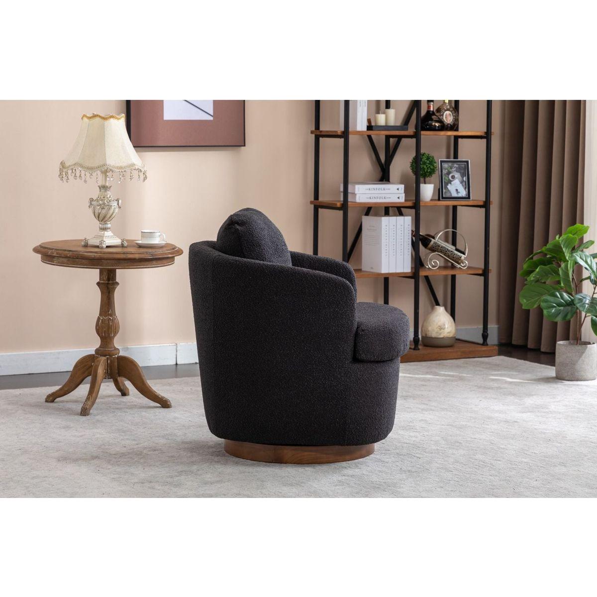 Boucle Fabric Swivel Accent Chair With Soild Wood Round Brown Base Leg,Black