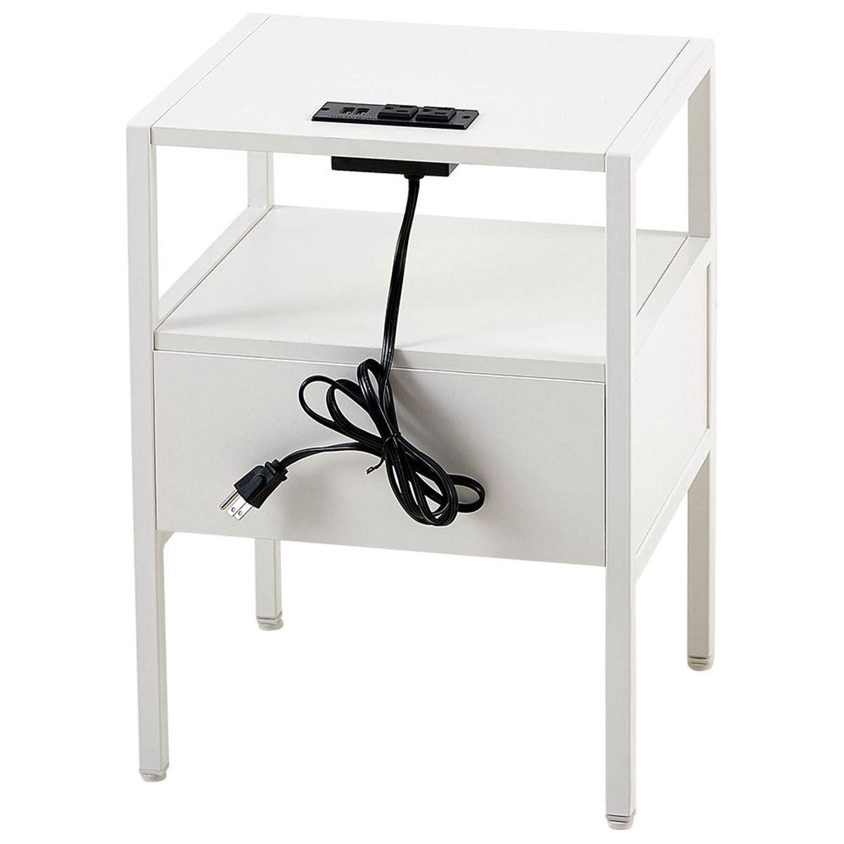 Set of 2, 15.75" Rattan End table with Power Outlet & USB Ports, Modern nightstand with drawer and metal legs, side table for living room, bedroom,white