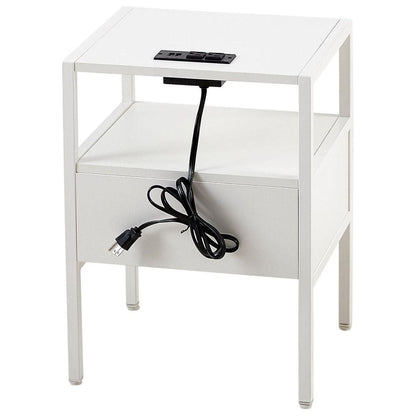 Set of 2, 15.75" Rattan End table with Power Outlet & USB Ports, Modern nightstand with drawer and metal legs, side table for living room, bedroom,white