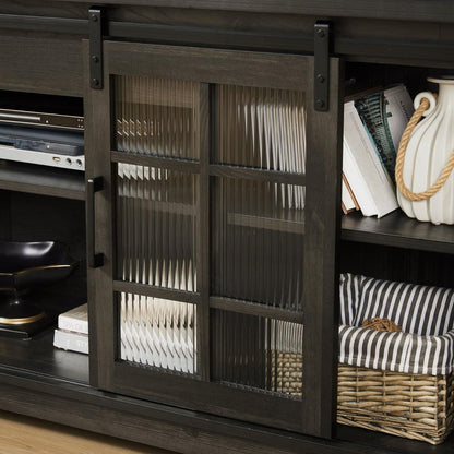 Multipurpose Sliding Door TV Stand Large Storage Cabinet with 2 Sliding Fluted Glass Tempered Doors, TV Up to 65", TV Desk Storage Rack, Charcoal GREY, 59.13"Wx15.94"Dx27.8"H