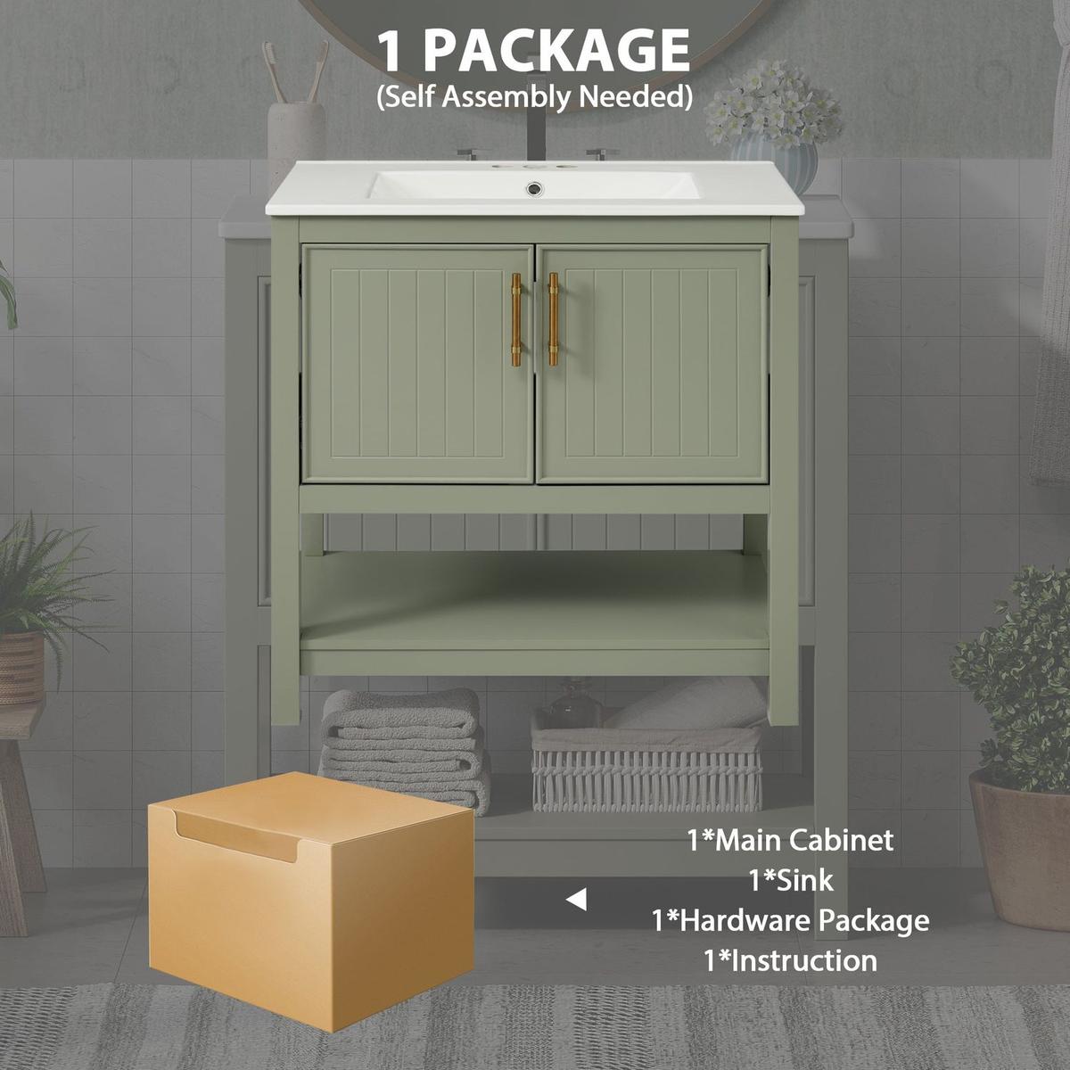 30-Inch Green Bathroom Vanity with Ceramic Sink and Versatile Storage - Ideal for Small Bathrooms