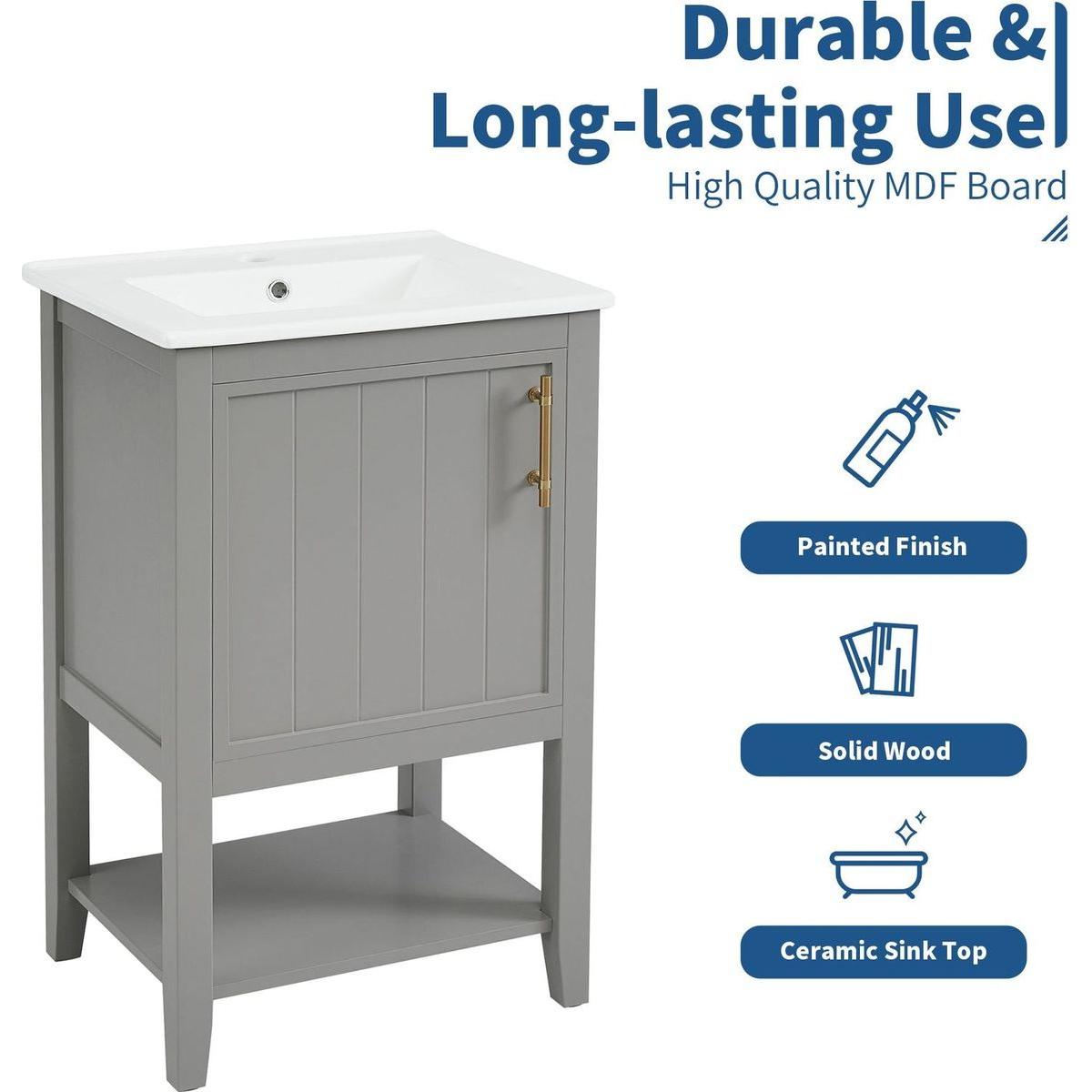 20" Bathroom Vanity with Sink, Bathroom Cabinet with Soft Closing Door, Storage Rack and Open Shelf, Grey