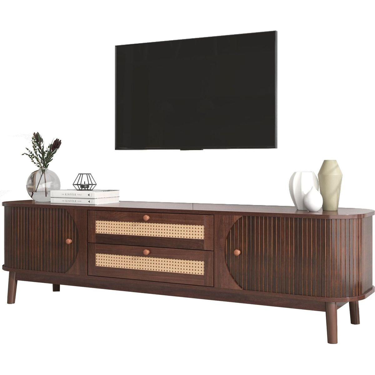 Rattan TV Stand for TVs up to 75", Modern Farmhouse Media Console, Entertainment Center with Solid Wood Legs, TV Cabinet for Living Room,Home Theatre