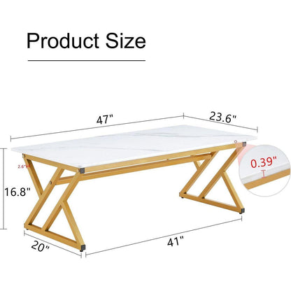 A modern minimalist style white marble patterned coffee table with golden metal legs. Computer desk. Game table. Tea table. CT-XX