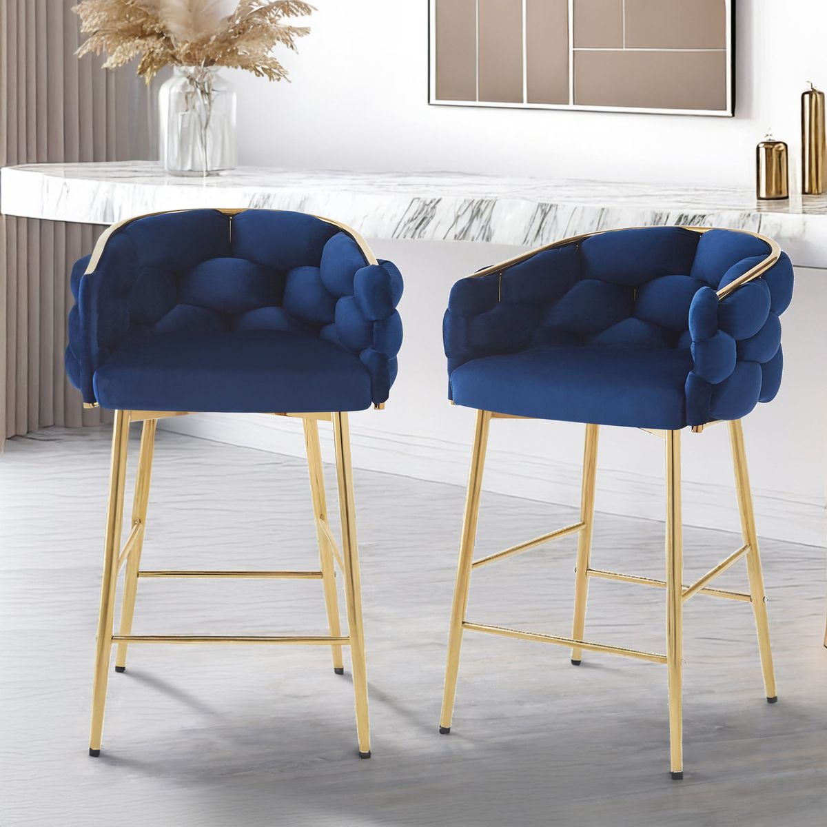28'' Modern Counter Stools Set of 2,Dark blue Counter Stools with iron Frame,Soft back and cushion,Footrest,suitable for Kitchen/Bedroom/Dining Room.