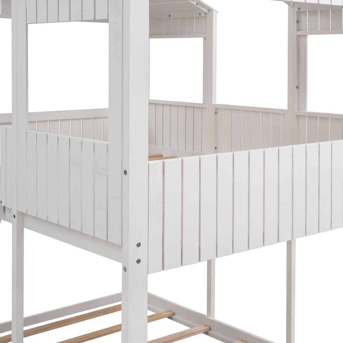 Full Over Full WoodBunk Bed with Roof, Window, Guardrail, Ladder(White)