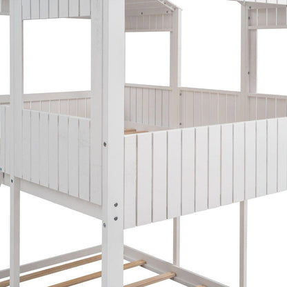Full Over Full WoodBunk Bed with Roof, Window, Guardrail, Ladder(White)