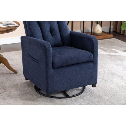 Linen Fabric Swivel Rocking Chair Gilder Chair With Pocket,Navy Blue