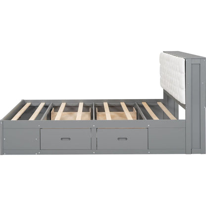 Wood Queen Size Platform Bed with Storage Headboard, shoe rack and 4 drawers,Gray