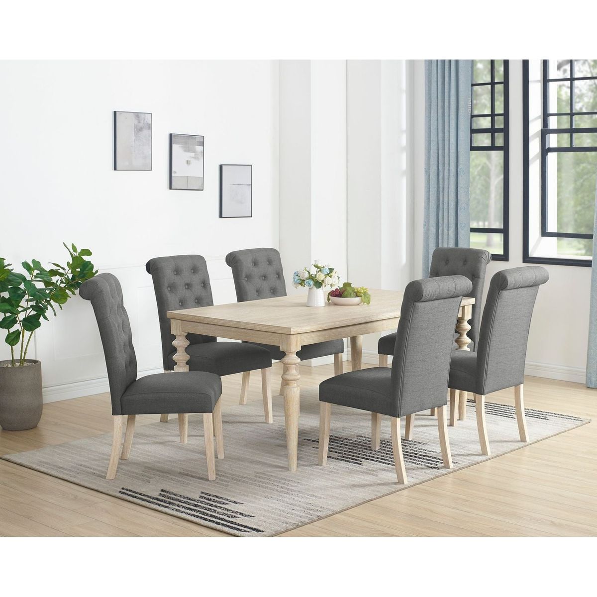 Amonia 7-piece Dining Set, Turned-Leg Dining Table with 6 Tufted Chairs