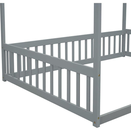 Full Size Canopy Frame Floor Bed with Fence, Guardrails,Grey