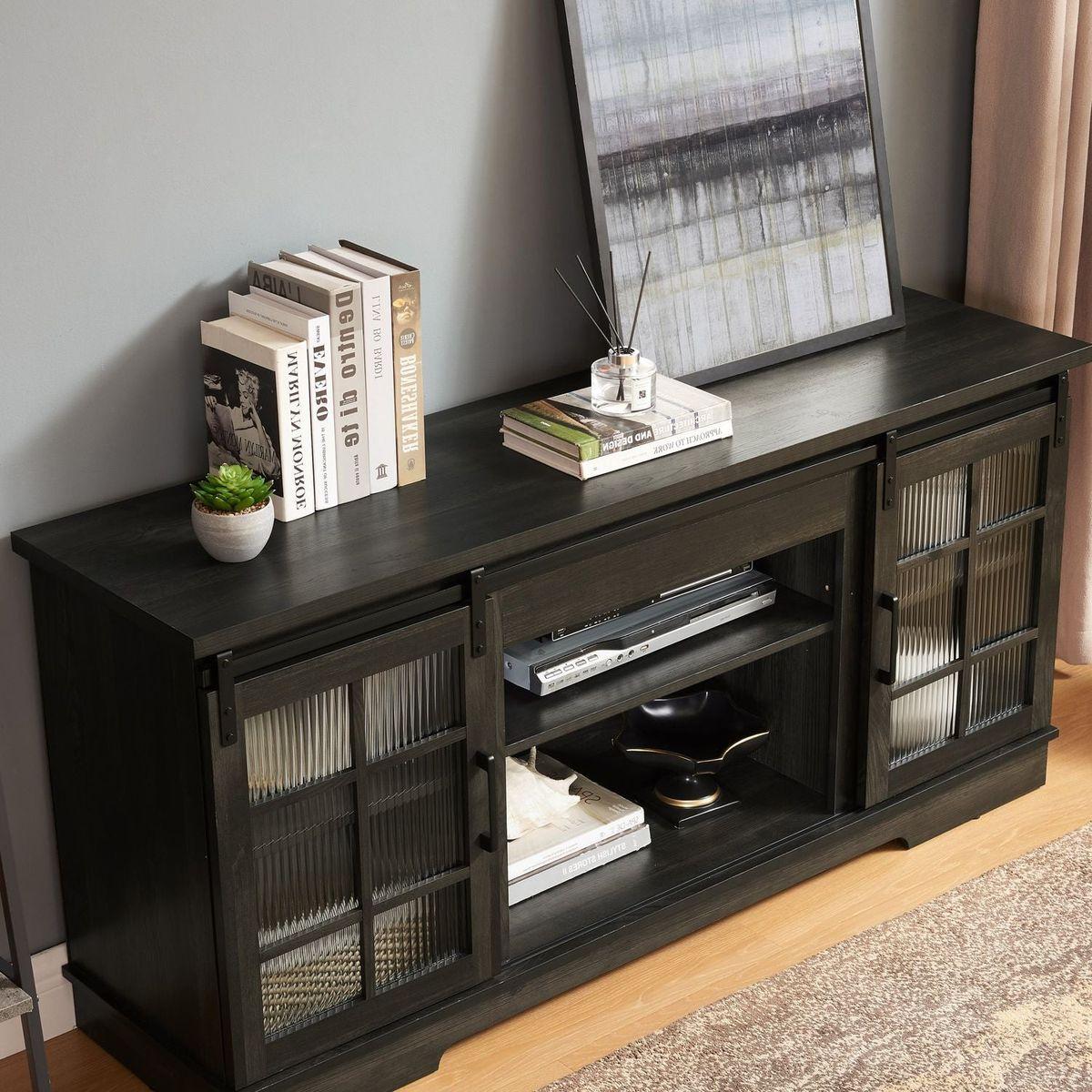 Multipurpose Sliding Door TV Stand Large Storage Cabinet with 2 Sliding Fluted Glass Tempered Doors, TV Up to 65", TV Desk Storage Rack, Charcoal GREY, 59.13"Wx15.94"Dx27.8"H