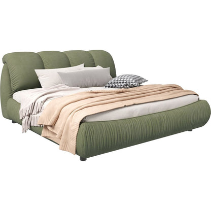 Queen Size Luxury Upholstered Platform Bed with Oversized Padded Backrest and Solid Wood Frame,suitable for Multiple heights of mattresses,Green