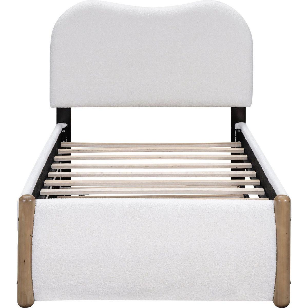 Twin Size Upholstered Platform Bed with Wood Supporting Feet and Twin Size Trundle, White