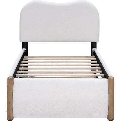 Twin Size Upholstered Platform Bed with Wood Supporting Feet and Twin Size Trundle, White