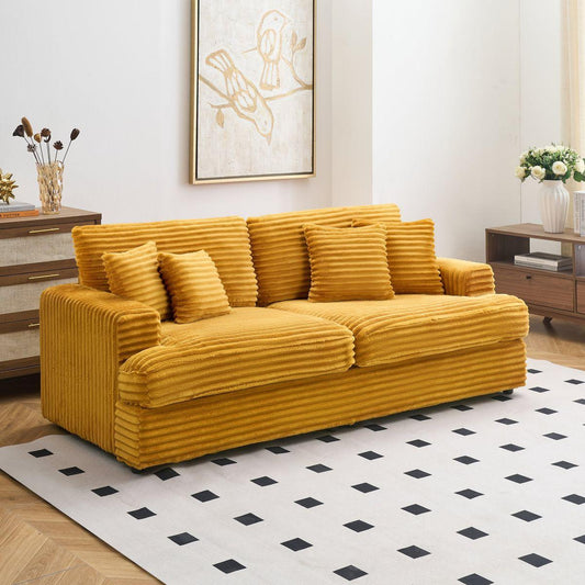 79.3 'long, corduroy sofa with 4 matching pillows, stylish design spacious and comfortable 3-seater sofa suitable for modern living room, orange color