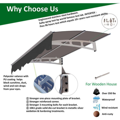 DA5934W Series Door Window Awning Canopy Made of 0.137 Inch Thick Crystal Solid Polycarbonate Sheet and Aluminum Alloy with Valance in size of 59" Wide x 34" Deep for Wooden Wall House