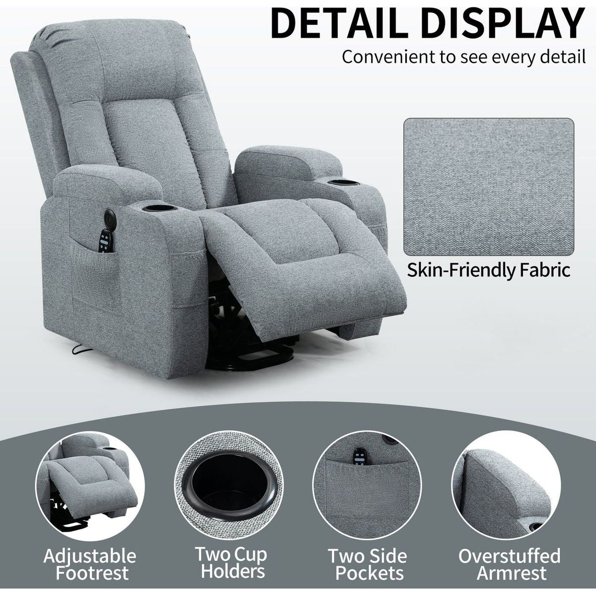 Infinite Position Okin Motor Up to 350 LBS Power Lift Recliner Chair for Elderly, Heavy Duty Motion Mechanism with 8-Point Vibration Massage and Lumbar Heating, USB Charging Port, Cup Holders, Grey