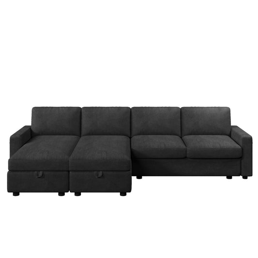 Convertible U-shaped Sectional Sofa with Storage Chaise Lounges and USB Ports, Black Twill Polyester, 103.9 Inches