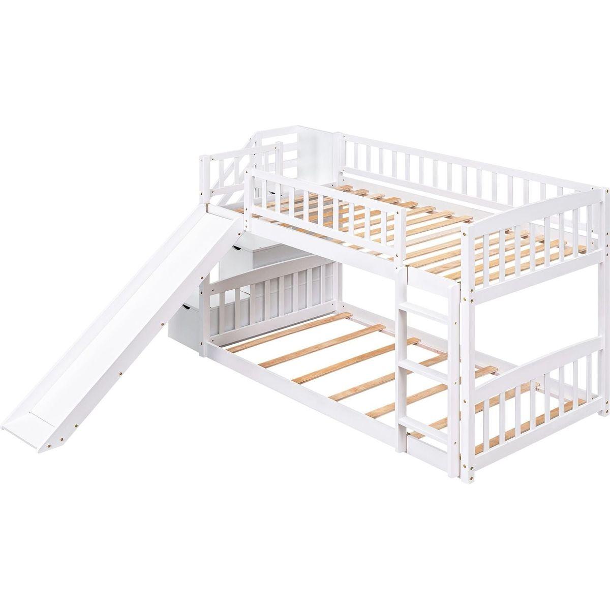 Stairway Twin over Twin Bunk Bed with Two Drawers and Slide, White