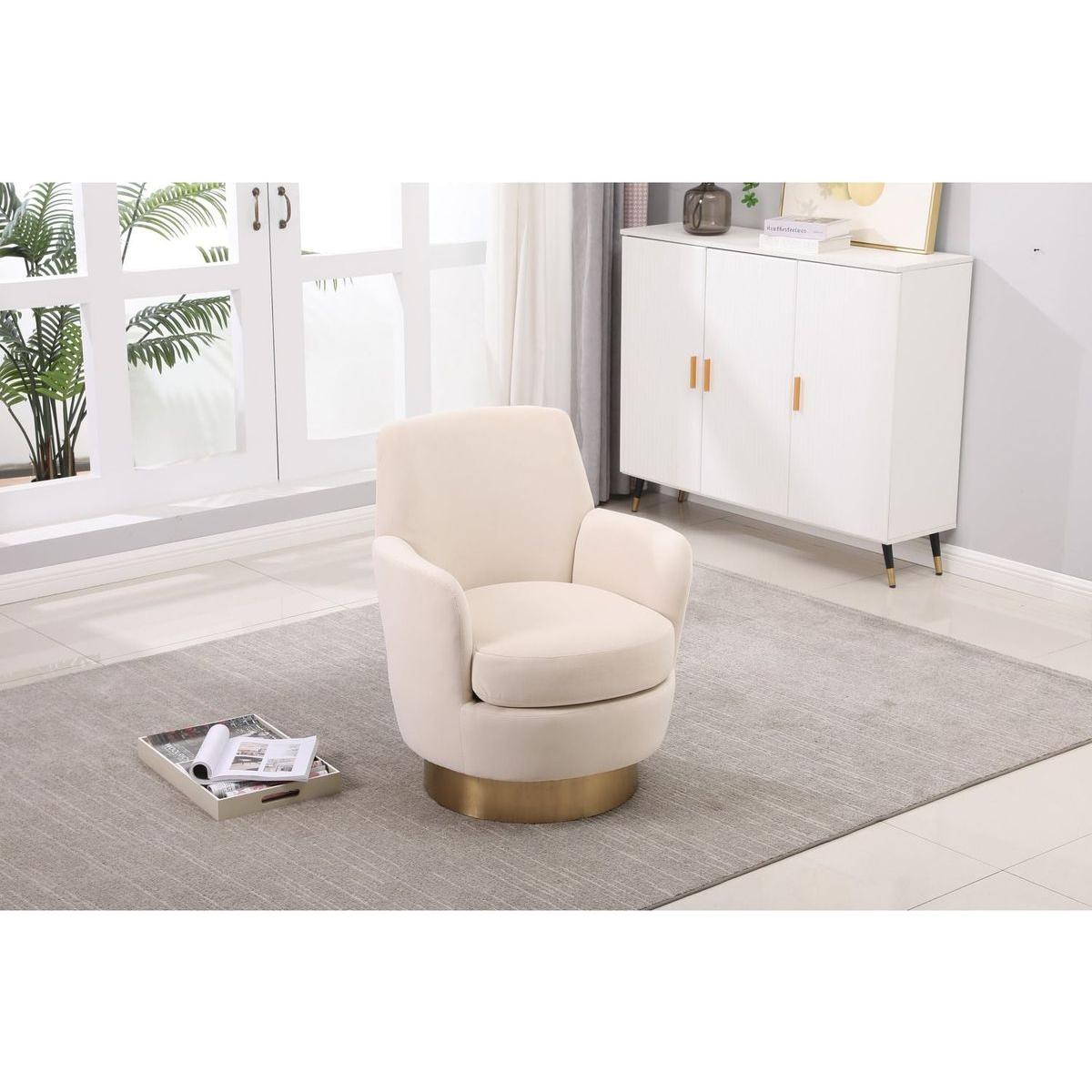Velvet Swivel Barrel Chair, Swivel Accent Chairs Armchair for Living Room, Reading Chairs for Bedroom Comfy, Round Barrel Chairs with Gold Stainless Steel Base (Beige)