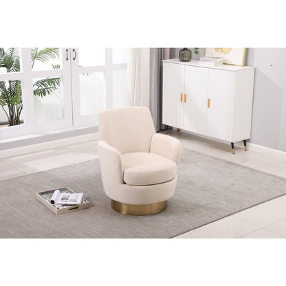Velvet Swivel Barrel Chair, Swivel Accent Chairs Armchair for Living Room, Reading Chairs for Bedroom Comfy, Round Barrel Chairs with Gold Stainless Steel Base (Beige)