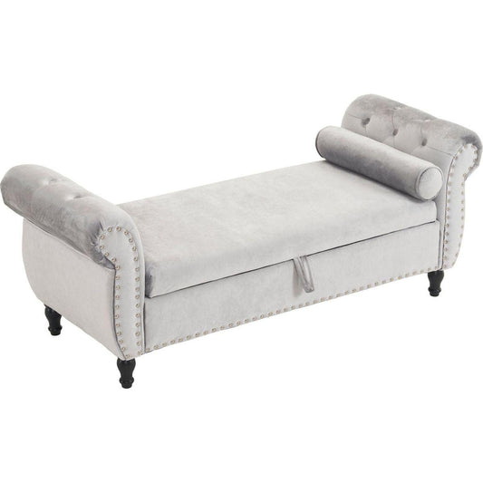 Velvet Multifunctional Storage Rectangular ottoman bench with 1 Pillow, grey