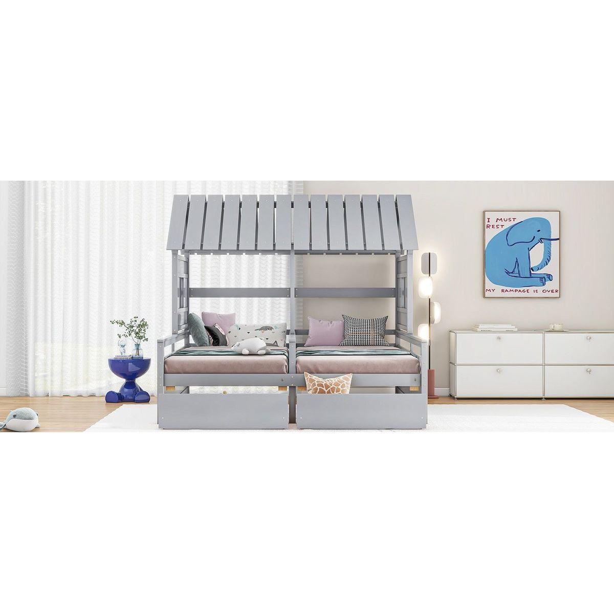 Twin Size House Platform Beds with Two Drawers for Boy and Girl Shared Beds, Combination of 2 Side by Side Twin Size Beds, Gray