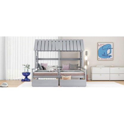 Twin Size House Platform Beds with Two Drawers for Boy and Girl Shared Beds, Combination of 2 Side by Side Twin Size Beds, Gray