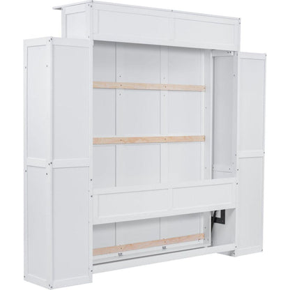 Queen Size Murphy Bed Wall Bed with Shelves and LED Lights,White