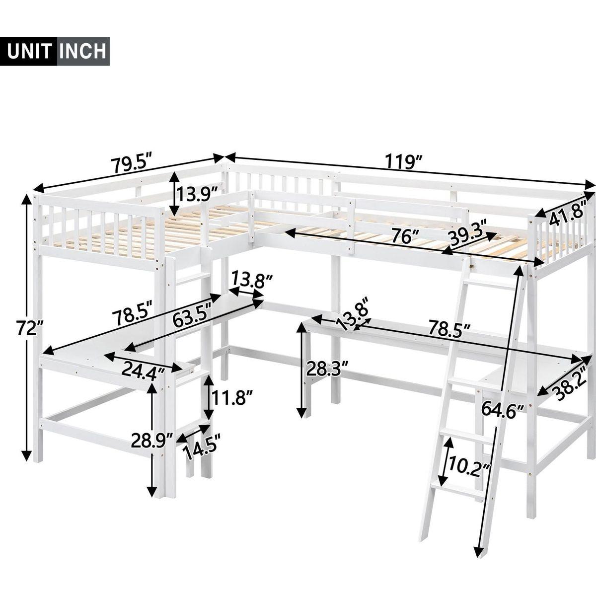 Wood Twin Size L-Shaped Loft Bed with Ladder and 2 Built-in L-Shaped Desks, White